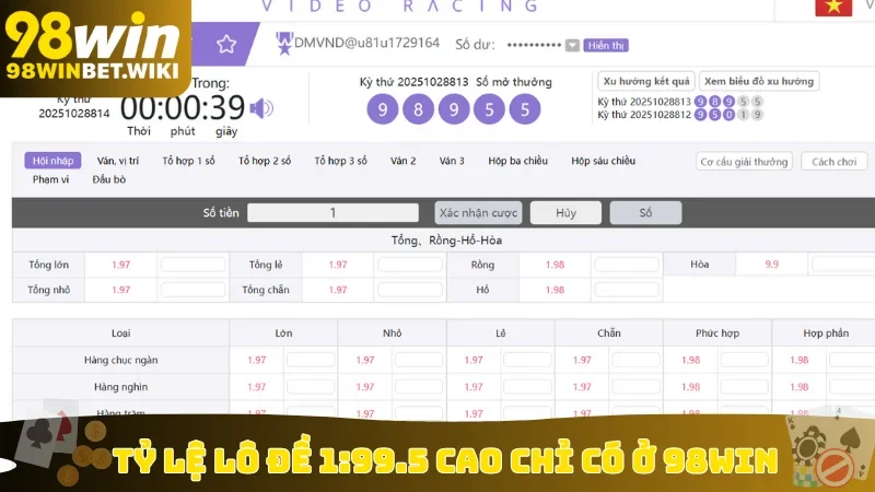 Tỷ lệ lô đề 1:99.5 cao chỉ có ở 98win